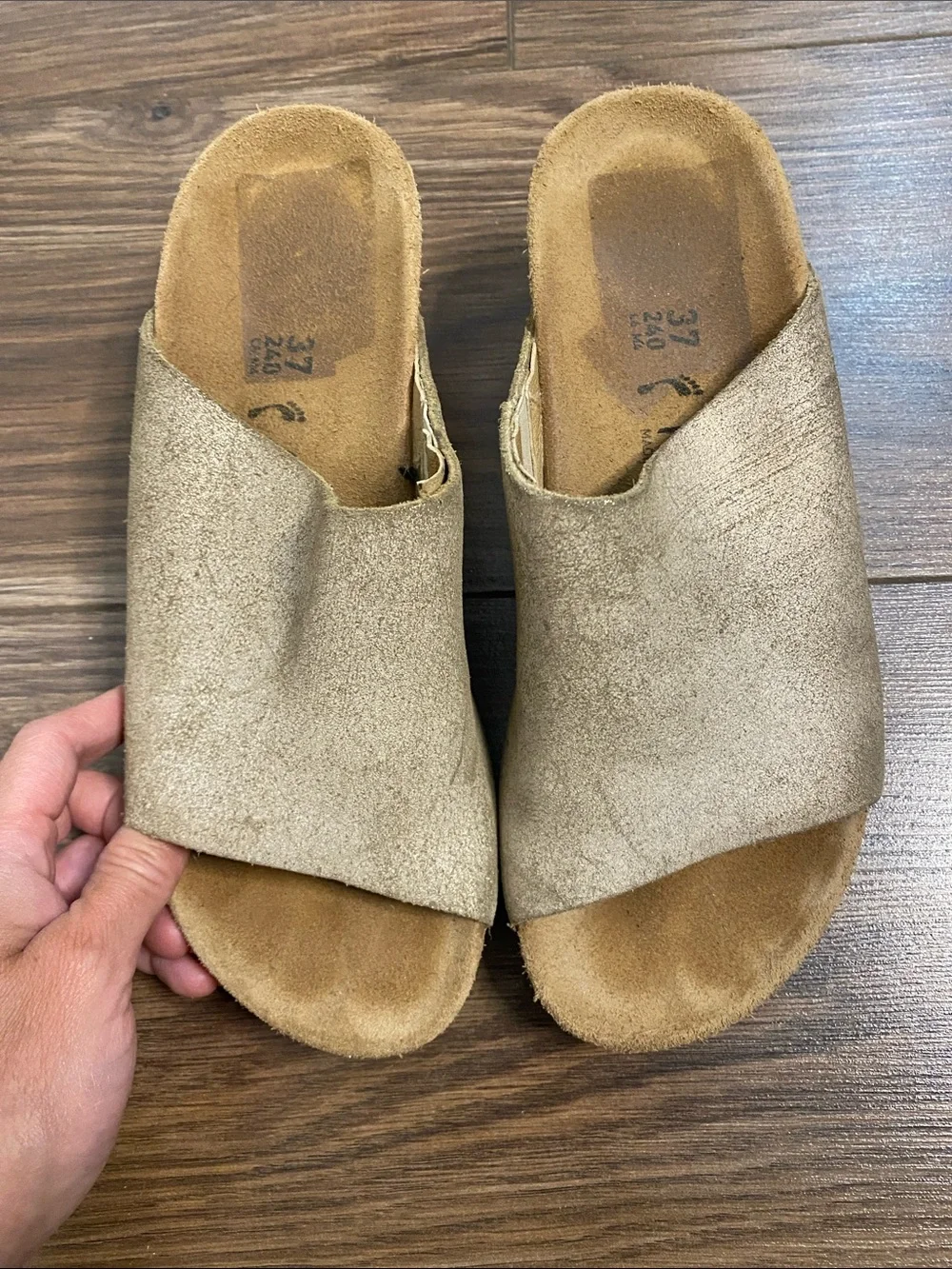 Papillio Metallic Rose Gold Cork Wedge Slide Sandals